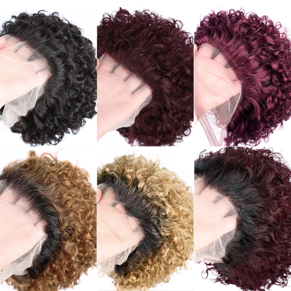 YL fast Shipping Black Pixie Cut Wigs Short Ombre Bob Curly Lace Frontal Human Hair Wig Transparent Front Lace Wig For Women