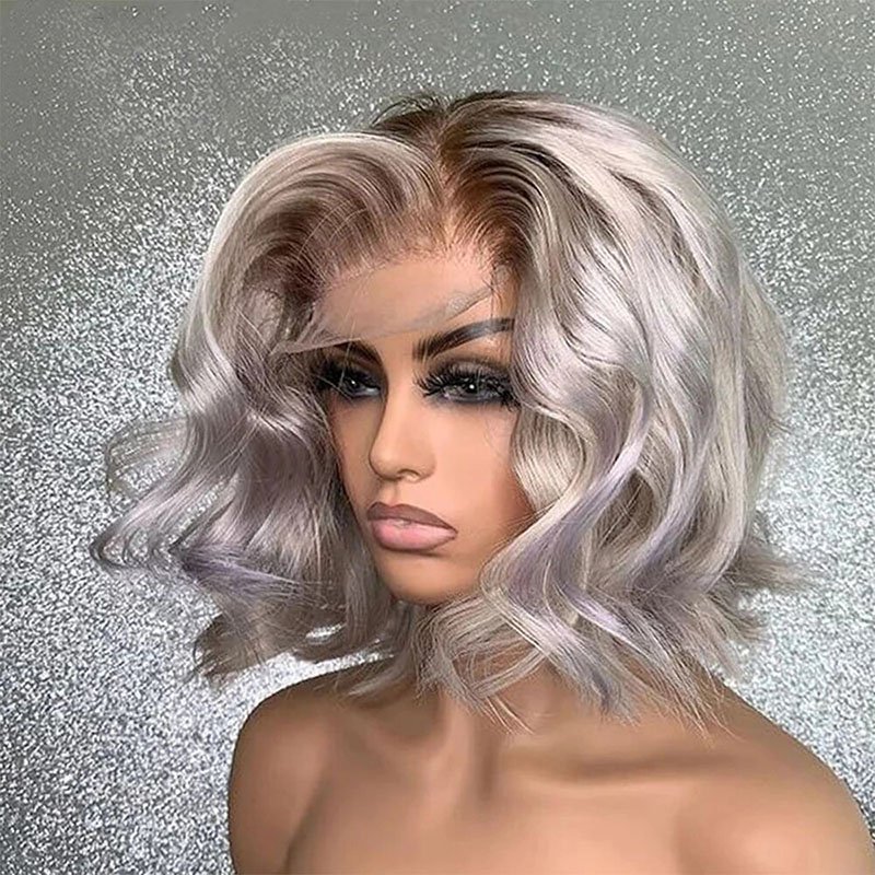 Grey Color Lace Front Wigs Human Hair 180% Density Virgin Brazilian Hair Glueless Short Wavy Lace Wigs Pre Plucked for Woman