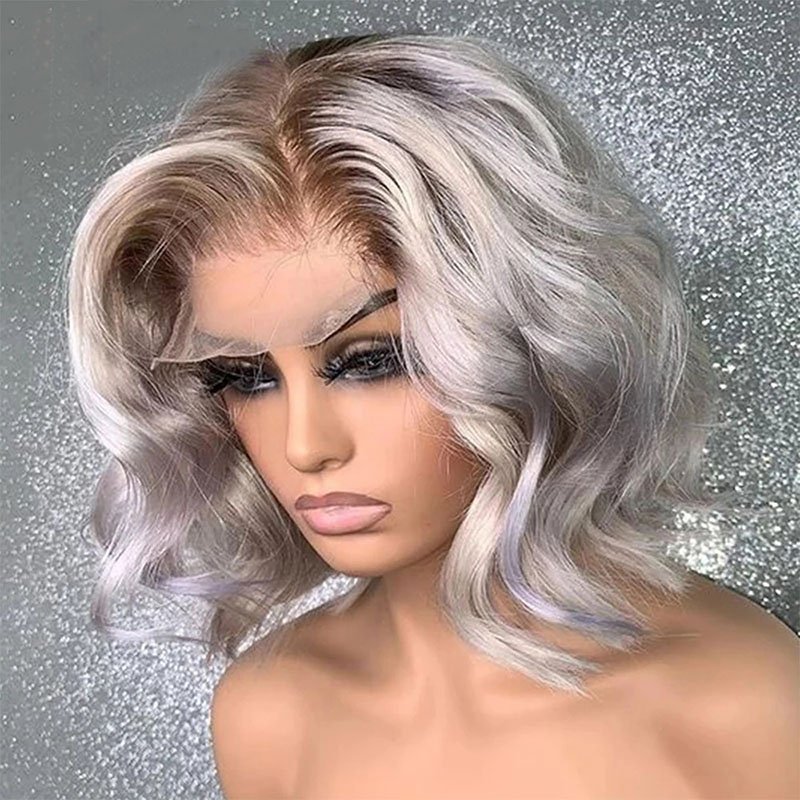 Grey Color Lace Front Wigs Human Hair 180% Density Virgin Brazilian Hair Glueless Short Wavy Lace Wigs Pre Plucked for Woman