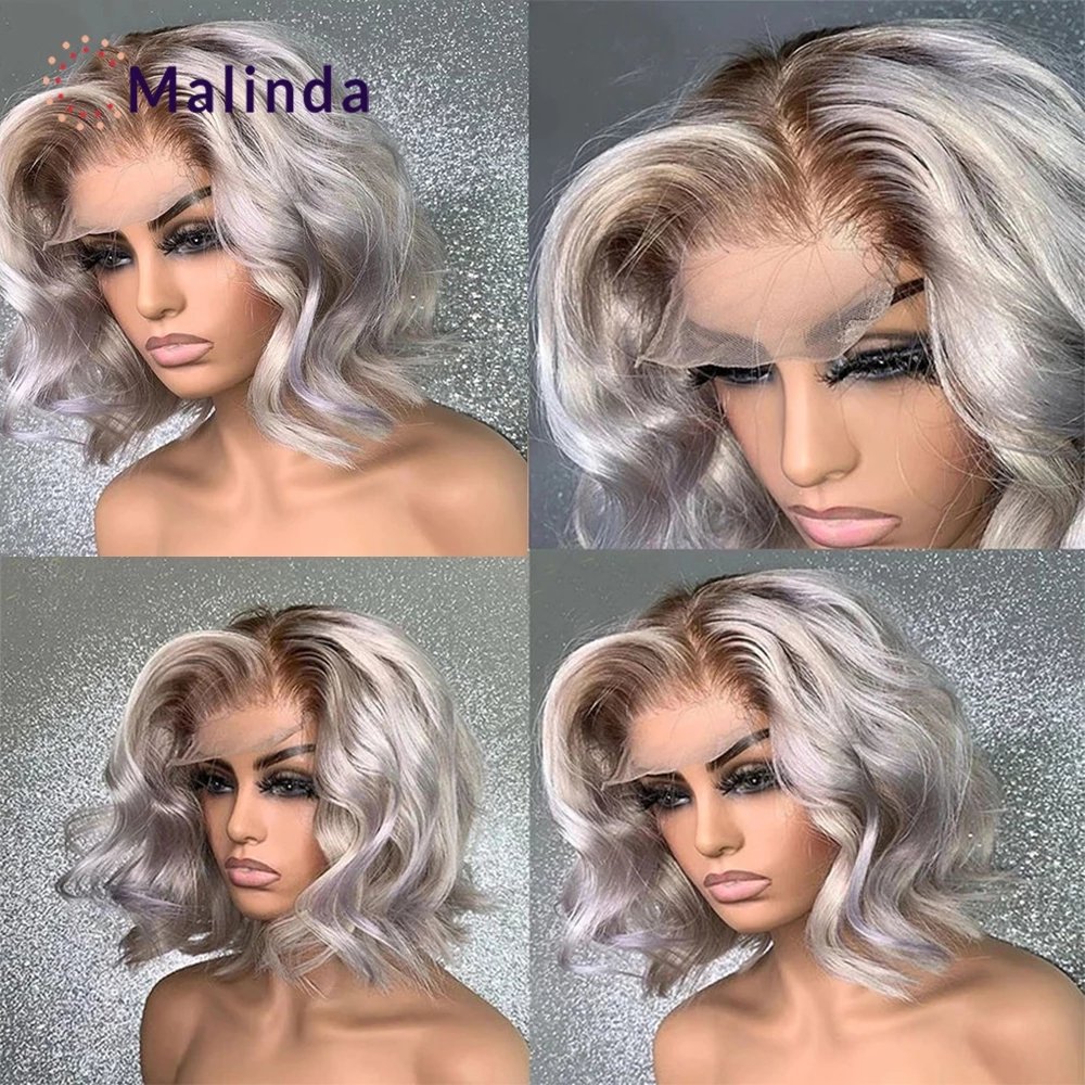 Grey Color Lace Front Wigs Human Hair 180% Density Virgin Brazilian Hair Glueless Short Wavy Lace Wigs Pre Plucked for Woman