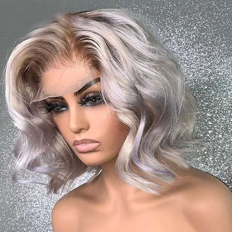 Grey Color Lace Front Wigs Human Hair 180% Density Virgin Brazilian Hair Glueless Short Wavy Lace Wigs Pre Plucked for Woman