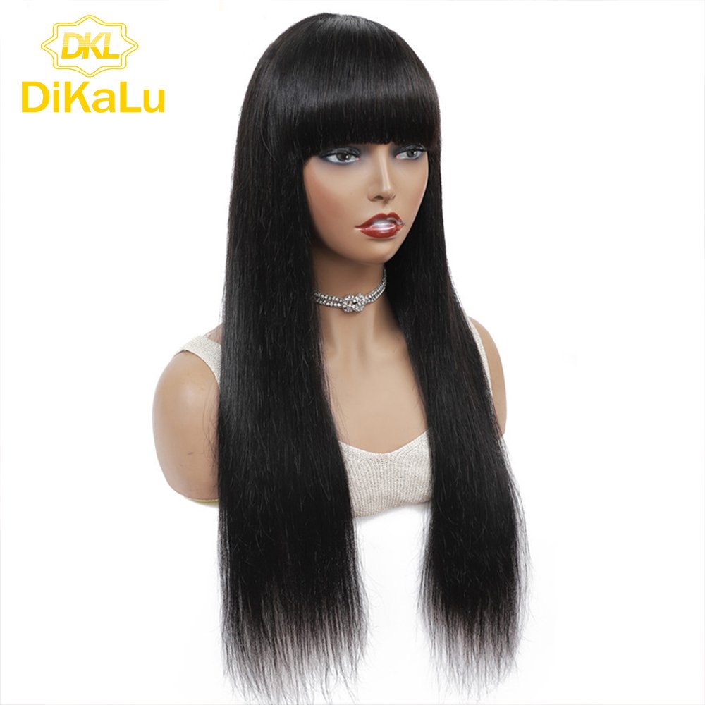 DiKaLu Hair Straight Human Hair Wigs With Bangs Full Machine Wig With Bangs 150% Remy Brazilian Bangs Wig Human Hair For Women