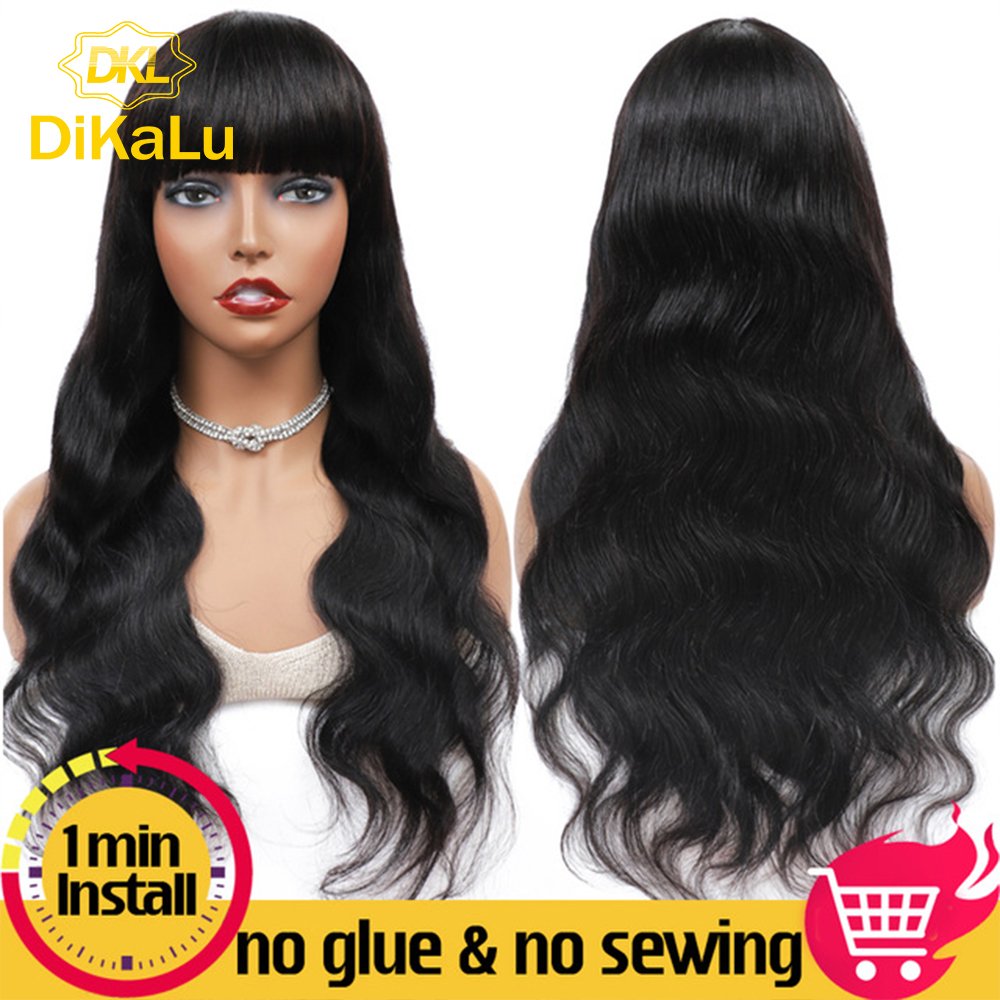 DiKaLu Hair Straight Human Hair Wigs With Bangs Full Machine Wig With Bangs 150% Remy Brazilian Bangs Wig Human Hair For Women
