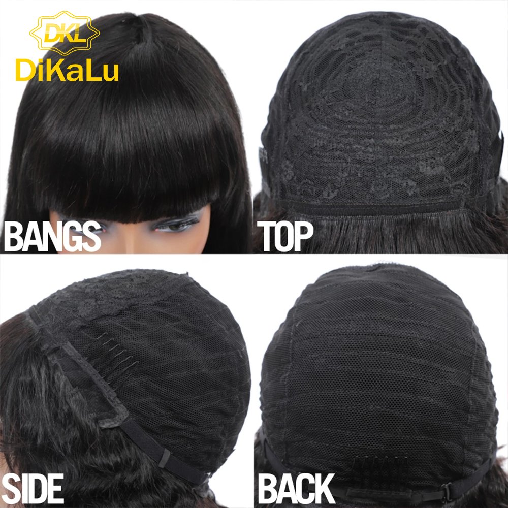DiKaLu Hair Straight Human Hair Wigs With Bangs Full Machine Wig With Bangs 150% Remy Brazilian Bangs Wig Human Hair For Women
