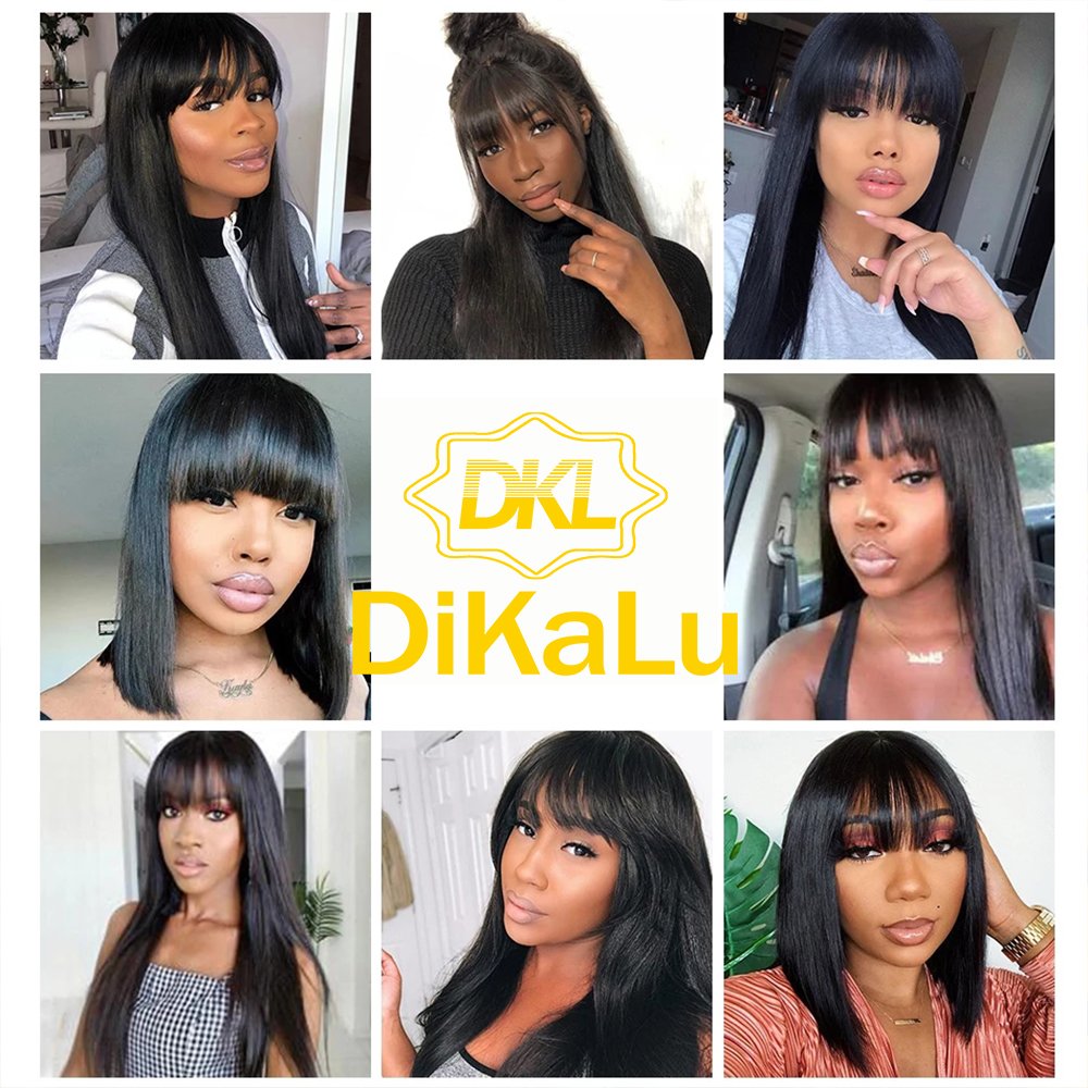 DiKaLu Hair Straight Human Hair Wigs With Bangs Full Machine Wig With Bangs 150% Remy Brazilian Bangs Wig Human Hair For Women