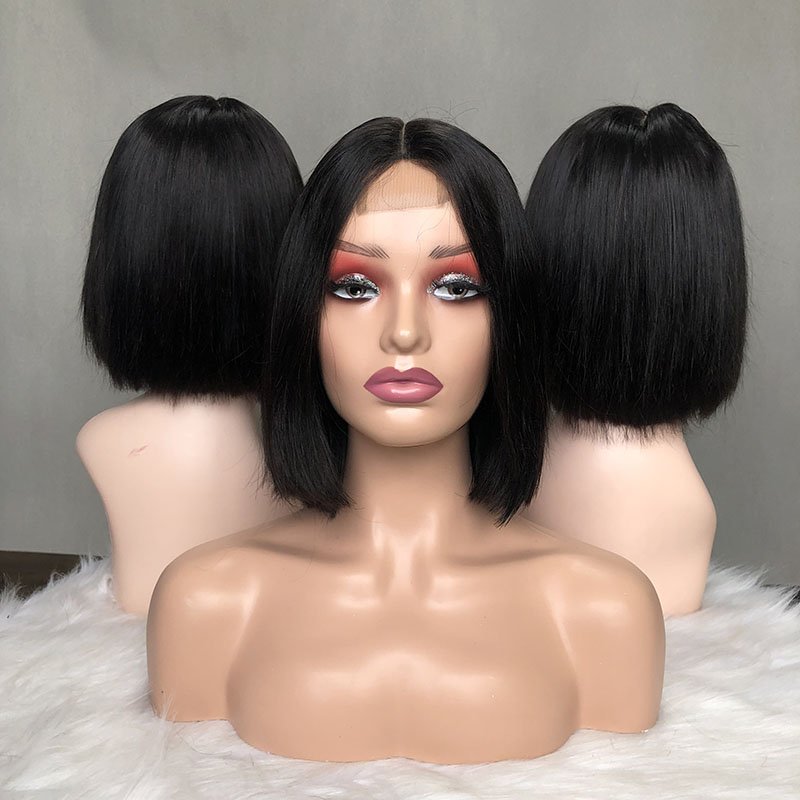 Popular Color Funmi Double Drawn Natural Color Silky Straight Lace Kim K closure Human Hair Wig Malaysian Virgin Hair