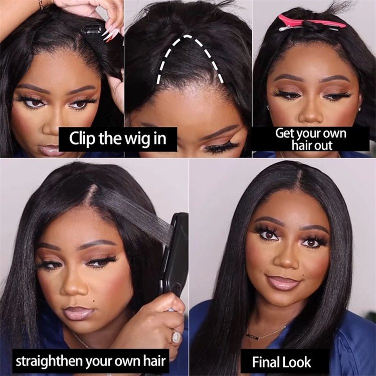 Glueless Wigs ,V Part Wig Human Hair Kinky Straight Human Hair Wigs For Women , Machine Made Wig V Part Brazilian Human Hair