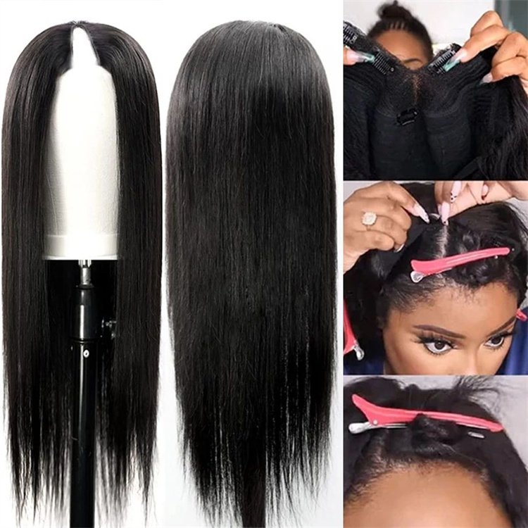 Glueless Wigs ,V Part Wig Human Hair Kinky Straight Human Hair Wigs For Women , Machine Made Wig V Part Brazilian Human Hair