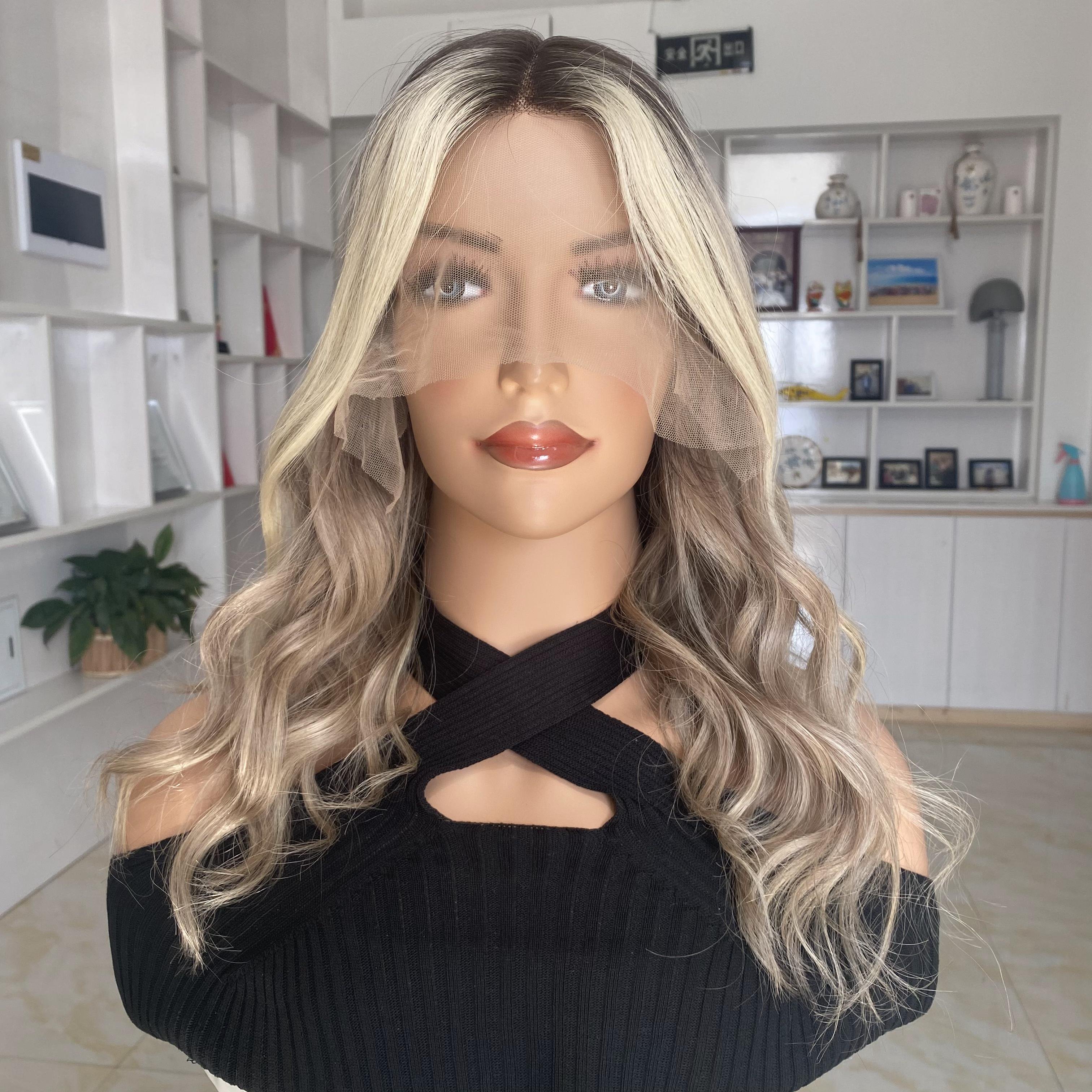 Ready To Ship Wholesale Long Natural Highlight Blonde Human hair Wigs Heat Resistant T Part balayage color Lace Front Wig