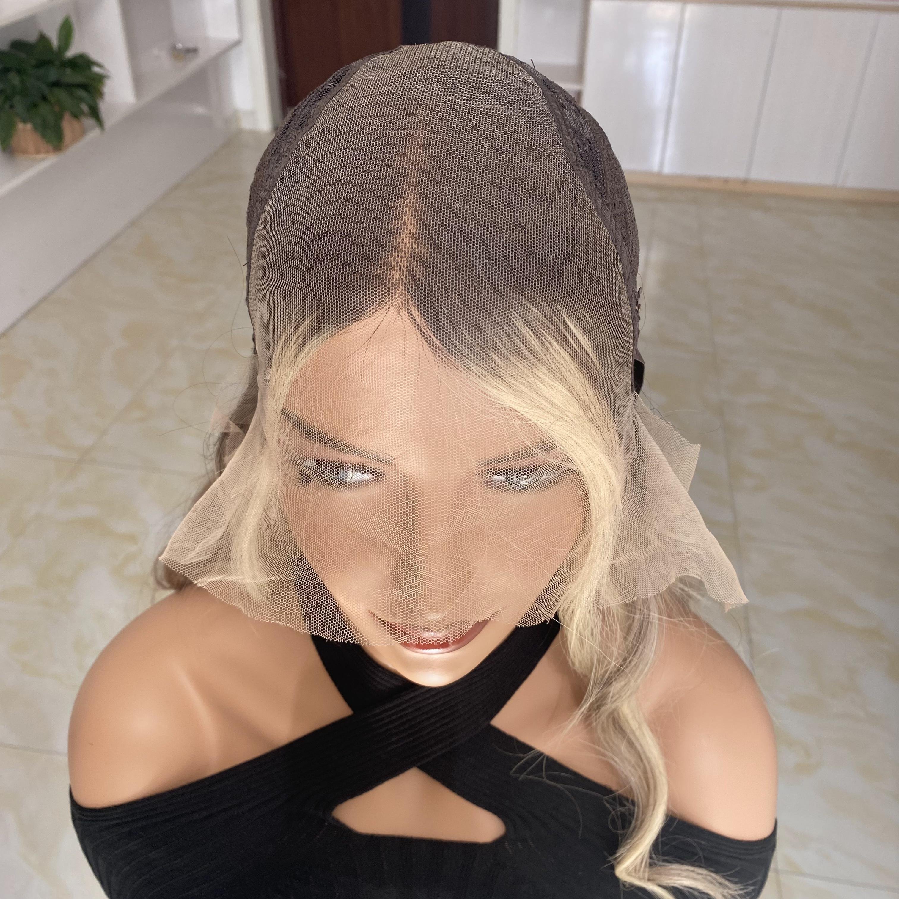 Ready To Ship Wholesale Long Natural Highlight Blonde Human hair Wigs Heat Resistant T Part balayage color Lace Front Wig