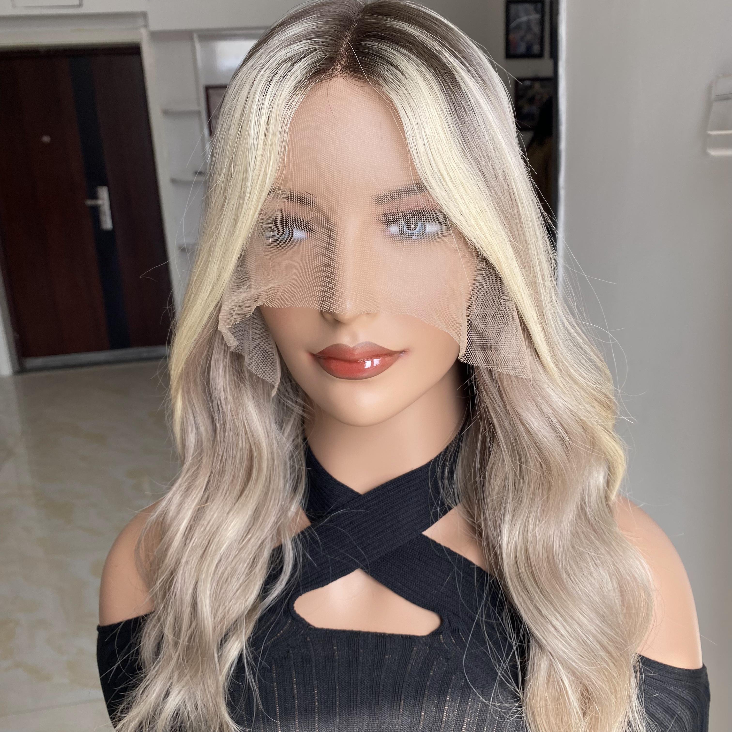 Ready To Ship Wholesale Long Natural Highlight Blonde Human hair Wigs Heat Resistant T Part balayage color Lace Front Wig
