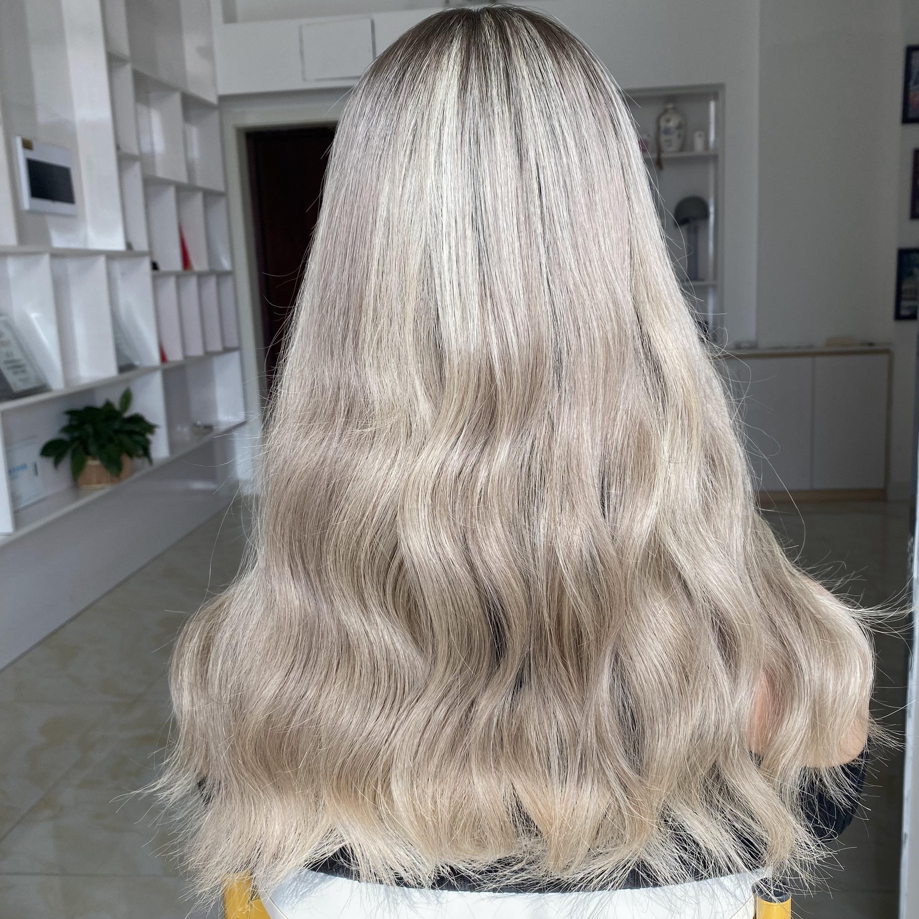Ready To Ship Wholesale Long Natural Highlight Blonde Human hair Wigs Heat Resistant T Part balayage color Lace Front Wig