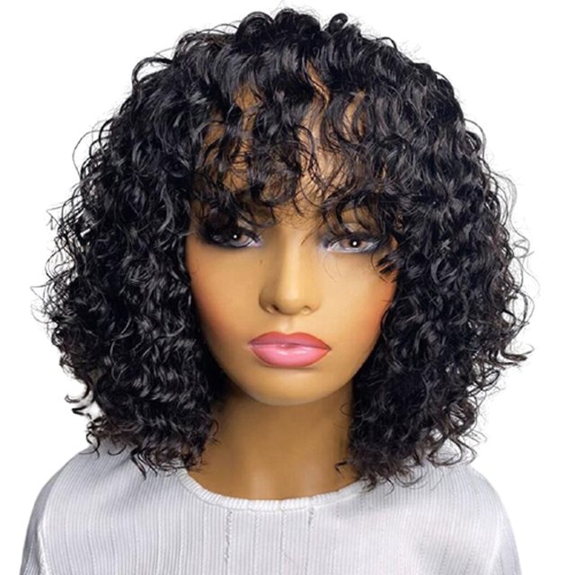 Cheap bob curly human hair wigs with bang virgin mink brazilian wavy curly human hair sewing machine made wigs vendors