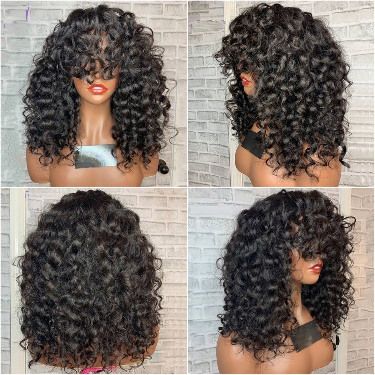Cheap bob curly human hair wigs with bang virgin mink brazilian wavy curly human hair sewing machine made wigs vendors