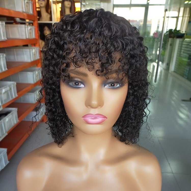 Cheap bob curly human hair wigs with bang virgin mink brazilian wavy curly human hair sewing machine made wigs vendors