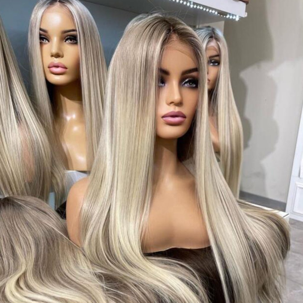 European Human hair Wig Highlights Blonde Platinum Color Transparent Lace Wigs Full Lace Wig For White Women