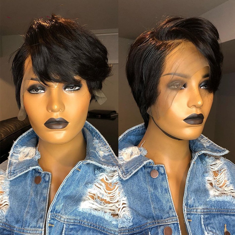 Pixie Cut Wig Transparent Lace Human Hair Wig For Women,Straight Short Bob Wig T Part Lace Wig,Prepluck Brazilian Human Hair Wig