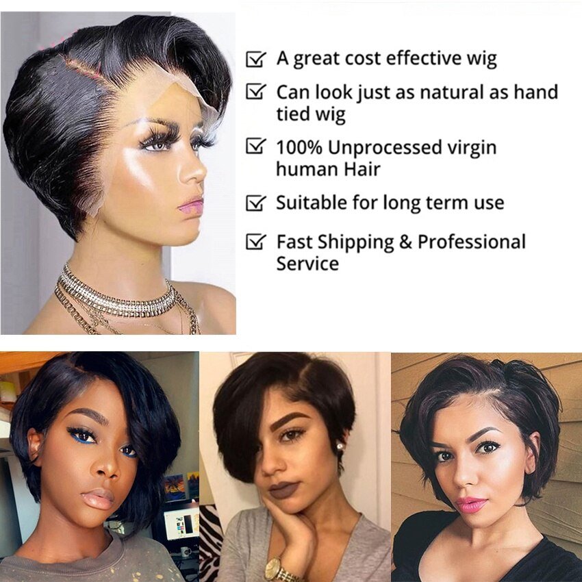 Pixie Cut Wig Transparent Lace Human Hair Wig For Women,Straight Short Bob Wig T Part Lace Wig,Prepluck Brazilian Human Hair Wig