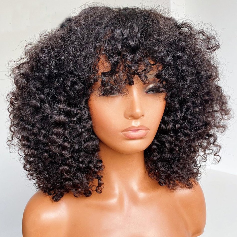 Wigs Cambodian Hair Curly Wave Unprocessed Human Hair Cuticle Aligned Lace Front Wig With Hair Bang