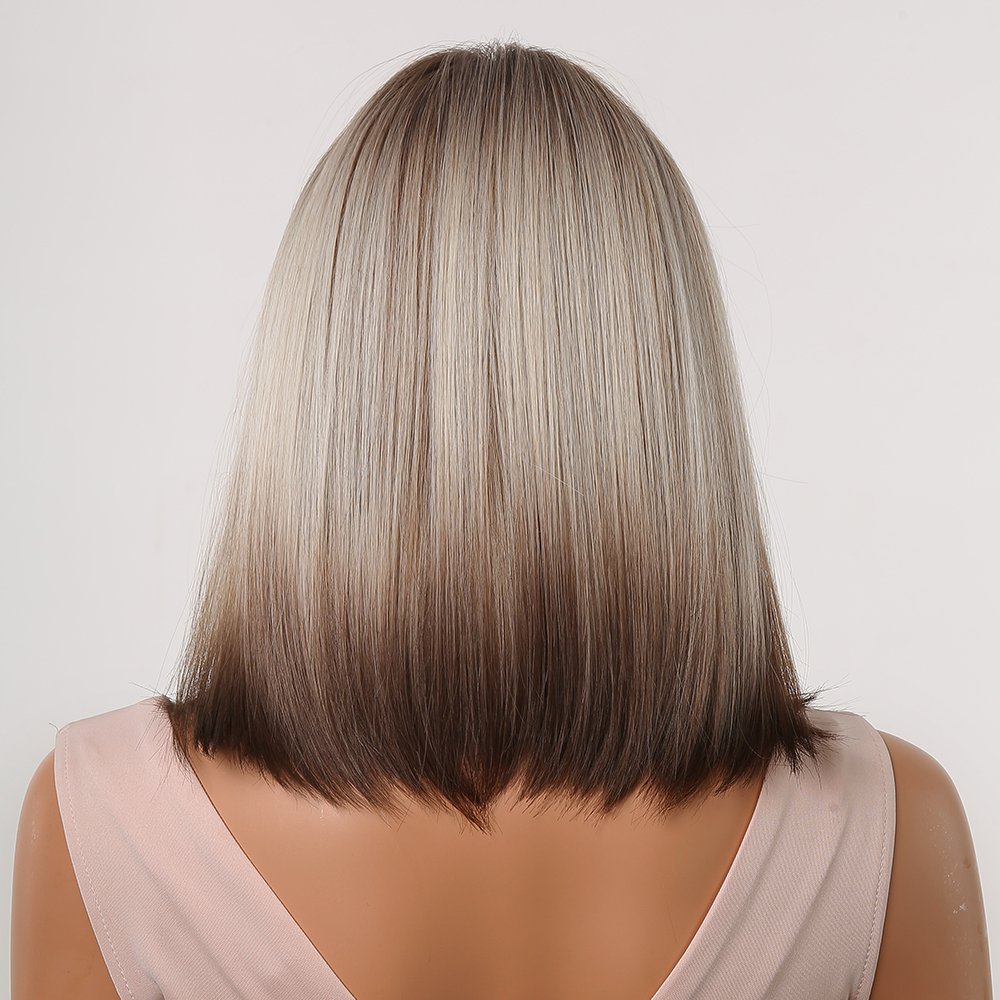 Factory Prices Short Straight Human Hair Wigs for Women Blonde to Brown Ombre Bob Wigs with Bangs Daily