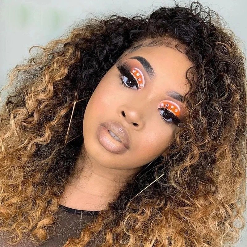 Peruvian Human Hair HD Lace Front Human Hair Deep Wave Piano Color Glueless Kinky Curl Brazilian Blend Human Hair Wigs