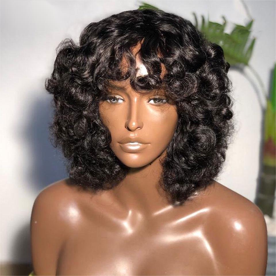 10A Grade Ombre Machine Made Wigs With Bangs Water Wave Highlight Colored Wig Peruvian Hair Short Pixie Curls Wigs Human Hair