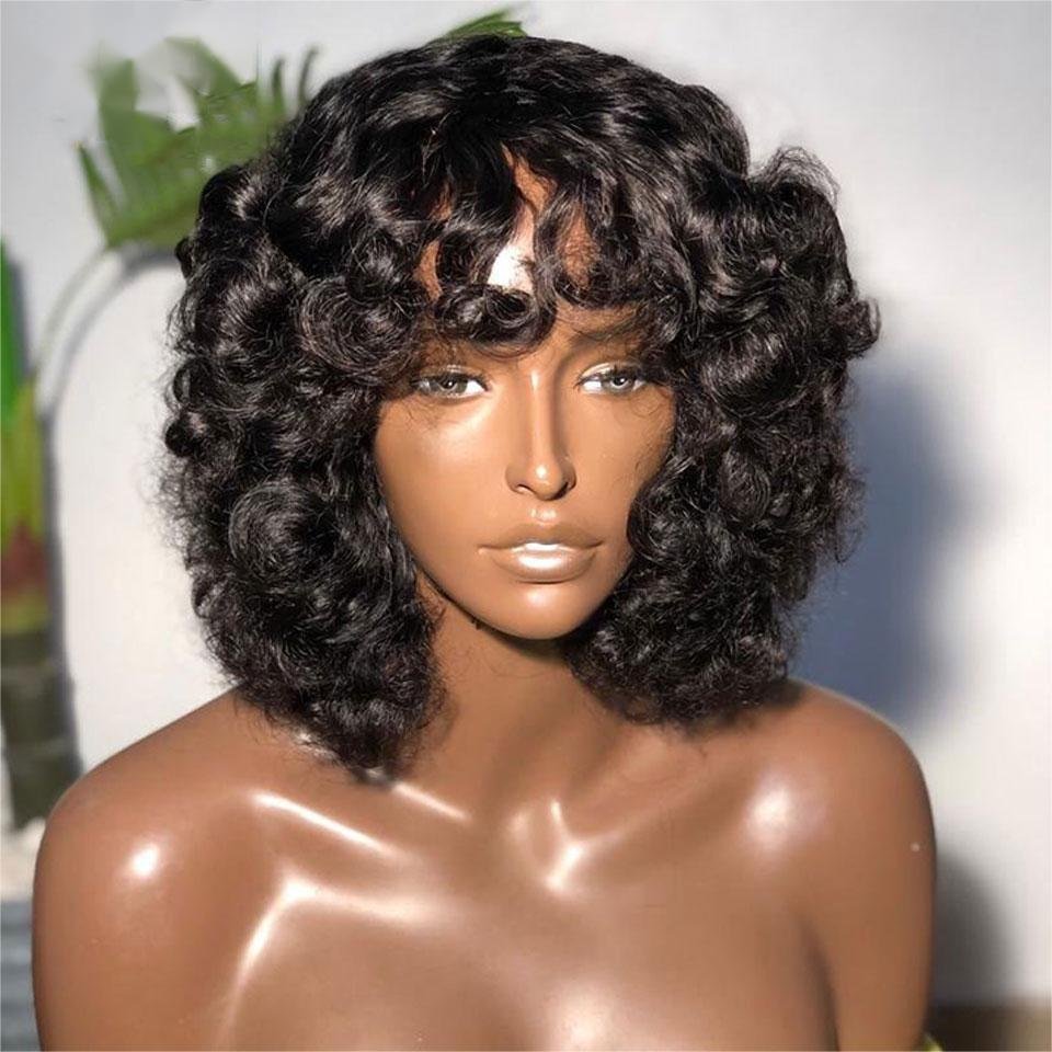 10A Grade Ombre Machine Made Wigs With Bangs Water Wave Highlight Colored Wig Peruvian Hair Short Pixie Curls Wigs Human Hair