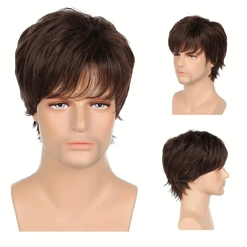 Top Quality 6 Inch Short Brown Bob Wig Cosplay Party Mens Wig Natural Synthetic Fiber Hair Wig