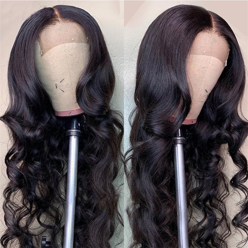 50 Inch Long Black Body Wave Wigs, Right Side Parting Natural Looking Wigs for Women, Full Lace Frontal Human Hair Wigs