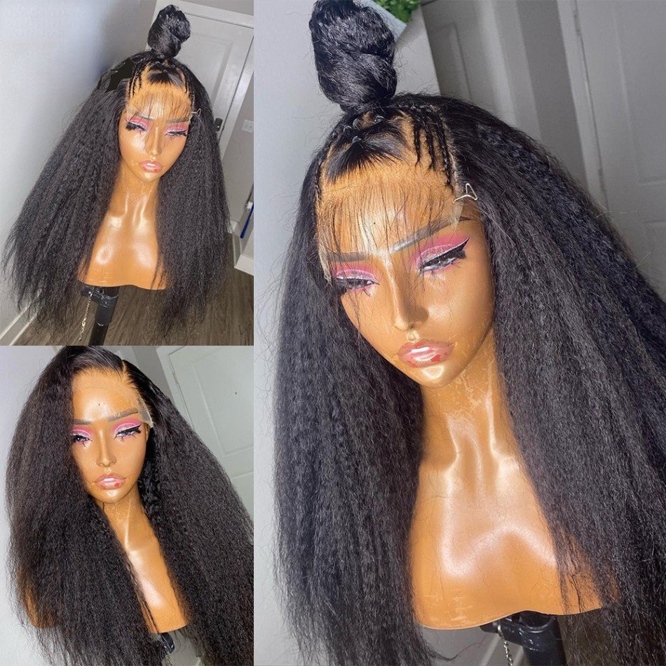 100% Brazilian 180 Density Glueless Virgin Short Yaki Kinky Straight Hd Full Lace Closure Human Hair Wigs For Black Women