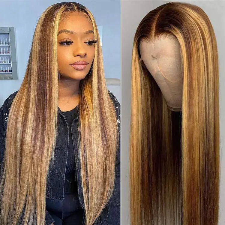 Transparent Piano Highlight Honey Brown Ombre Color 13x4 Lace Frontal Wigs P4/27 Colored Straight Lace Front Human Hair Wigs