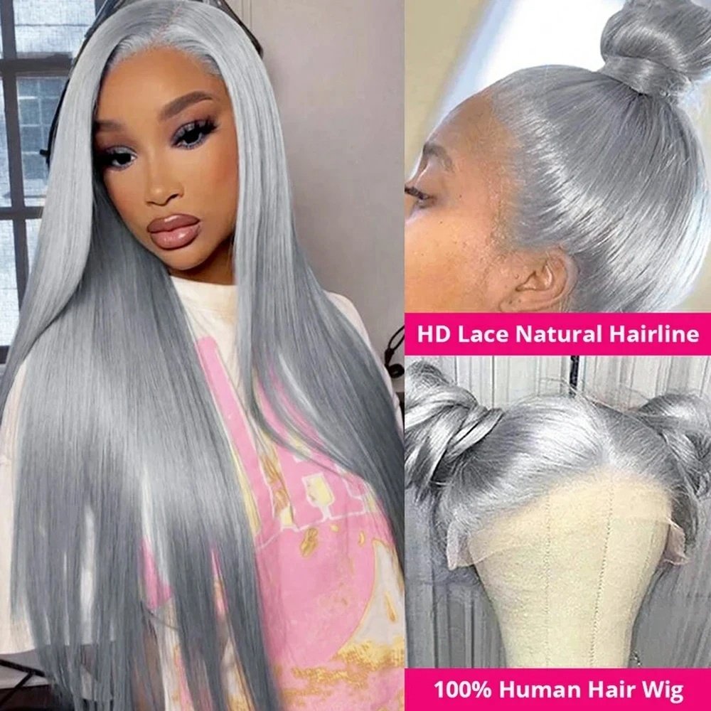 Gray Lace Front Human Hair 180% Straight Grey Human Hair Wig,Remy Brazilian Human Hair Wigs, Silver Grey Lace Front Wig