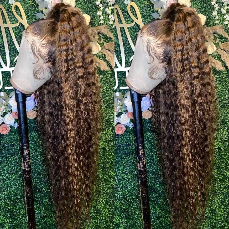 13x4 Hd Lace Water Deep Wave Frontal Wig Highlight Honey Brown Glueless Curly Human Hair Wigs Colored Bob For Women 30 Inch