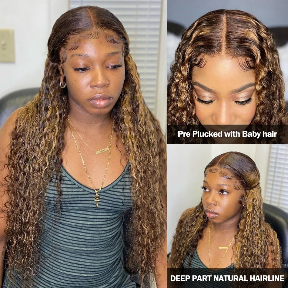 13x4 Hd Lace Water Deep Wave Frontal Wig Highlight Honey Brown Glueless Curly Human Hair Wigs Colored Bob For Women 30 Inch