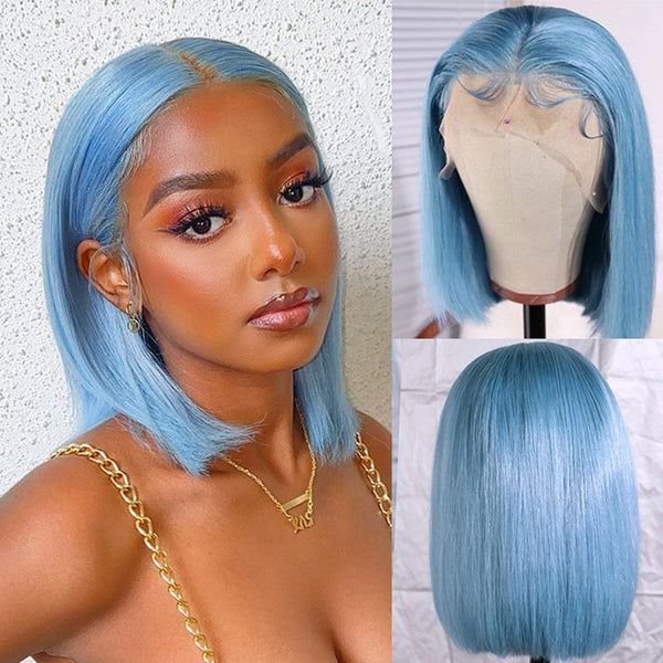 US Factory Hair Vendor Virgin Raw Light Blue Color Lace Front Human Hair Wigs For Black Women Glueless Cuticle Aligned Hair