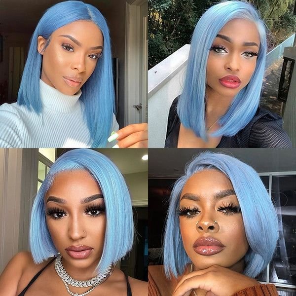 US Factory Hair Vendor Virgin Raw Light Blue Color Lace Front Human Hair Wigs For Black Women Glueless Cuticle Aligned Hair
