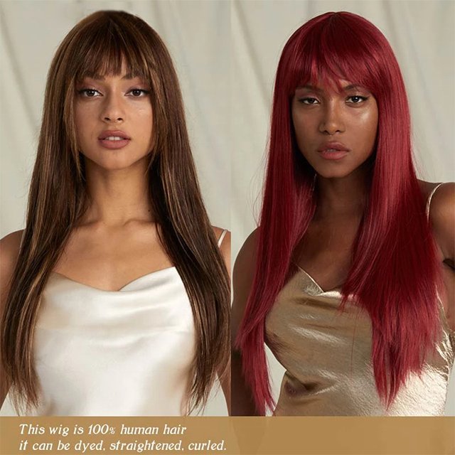 Wholesale 16~28 inches Straight Wig With Bang Brazilian Remy Human Hair Wig Burgundy Orange brown black Full Machine Made Wig
