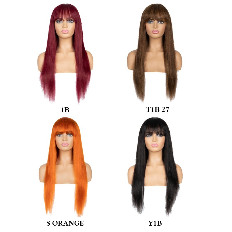 Wholesale 16~28 inches Straight Wig With Bang Brazilian Remy Human Hair Wig Burgundy Orange brown black Full Machine Made Wig
