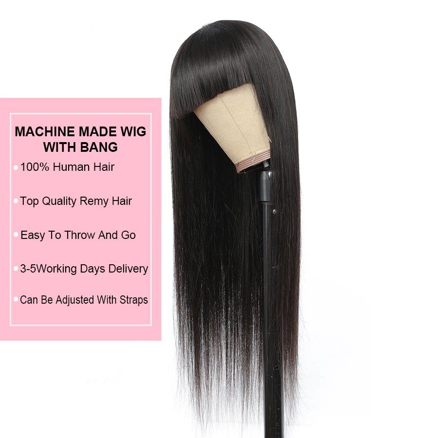 Bone Straight Natural Color Human Hair Wig With Bangs For Women Brazilian Remy Hair Glueless Full Machine Made Wig With Bangs