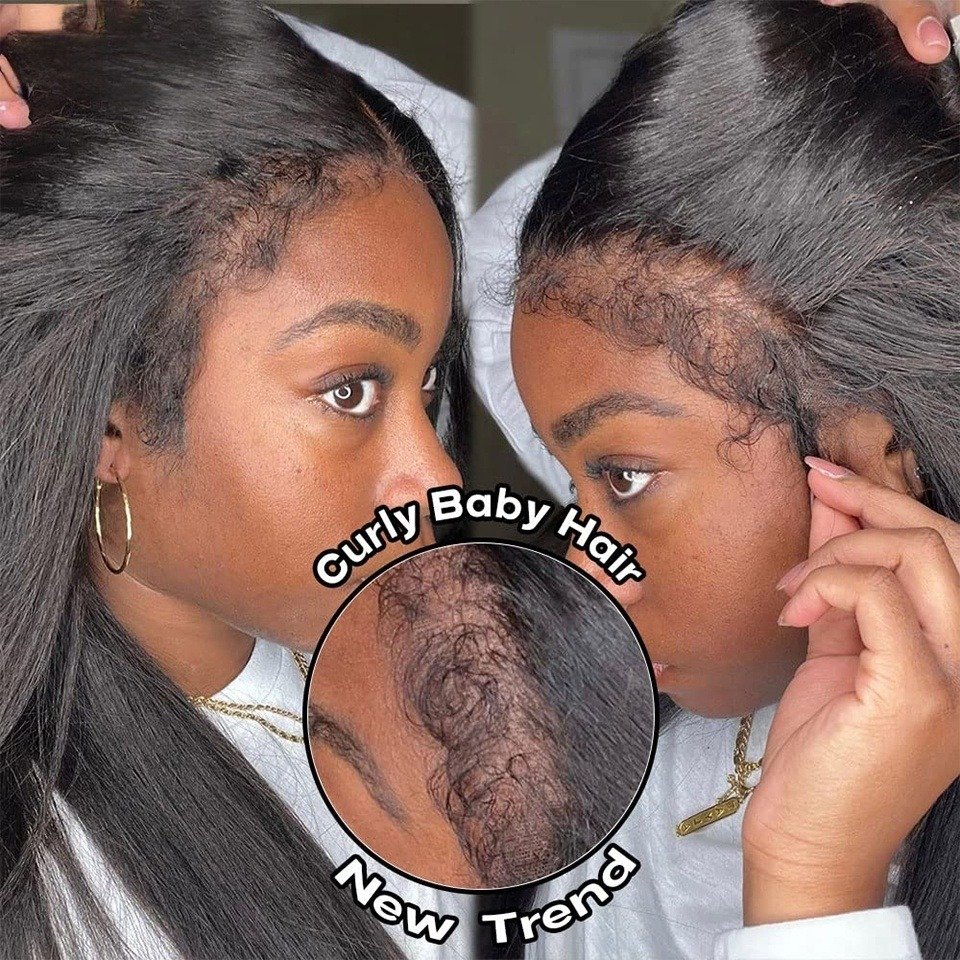 Kinky Straight 4c Edges Baby Hair Lace Front Wig Brazilian Human Hair Lace Frontal Wigs with Curly Baby Hair