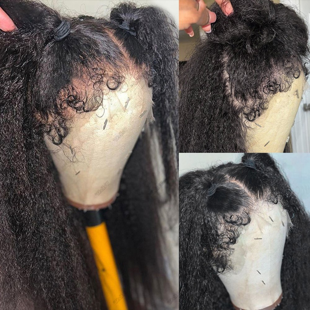 Kinky Straight 4c Edges Baby Hair Lace Front Wig Brazilian Human Hair Lace Frontal Wigs with Curly Baby Hair