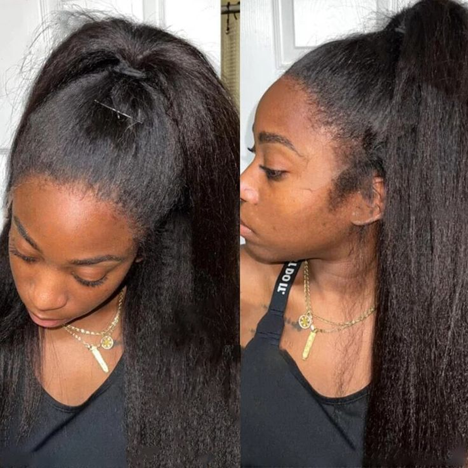 Kinky Straight 4c Edges Baby Hair Lace Front Wig Brazilian Human Hair Lace Frontal Wigs with Curly Baby Hair