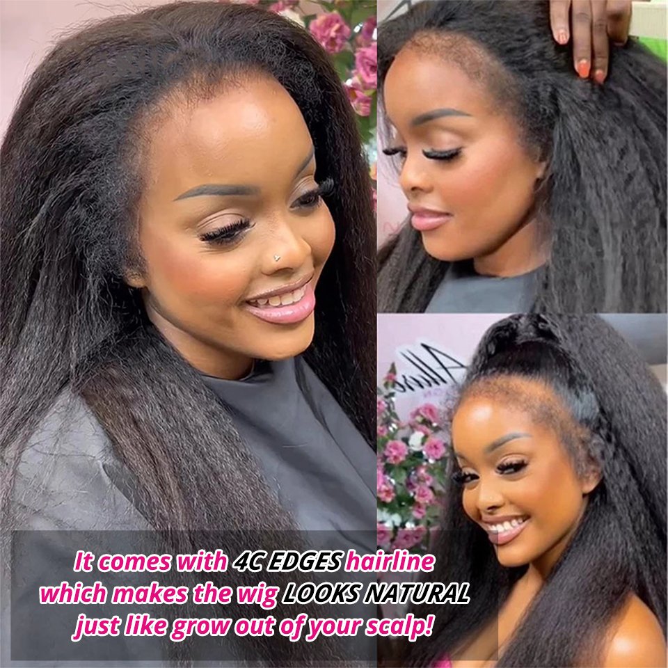 Kinky Straight 4c Edges Baby Hair Lace Front Wig Brazilian Human Hair Lace Frontal Wigs with Curly Baby Hair