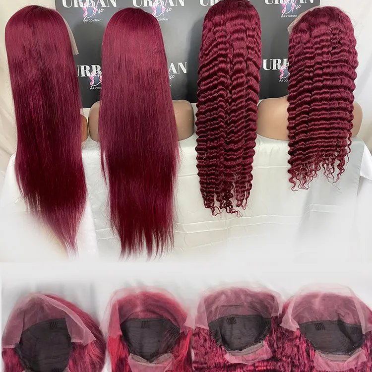 Wholesale 99j burgundy lace front wigs Cambodian Virgin human hair full lace glueless human hair wig curly deep wave red 99j wig