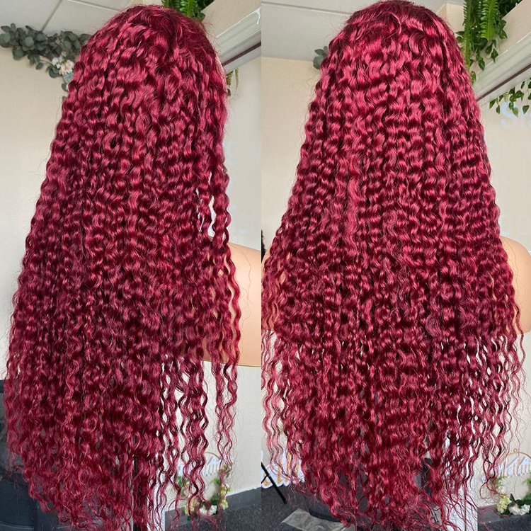 Wholesale 99j burgundy lace front wigs Cambodian Virgin human hair full lace glueless human hair wig curly deep wave red 99j wig