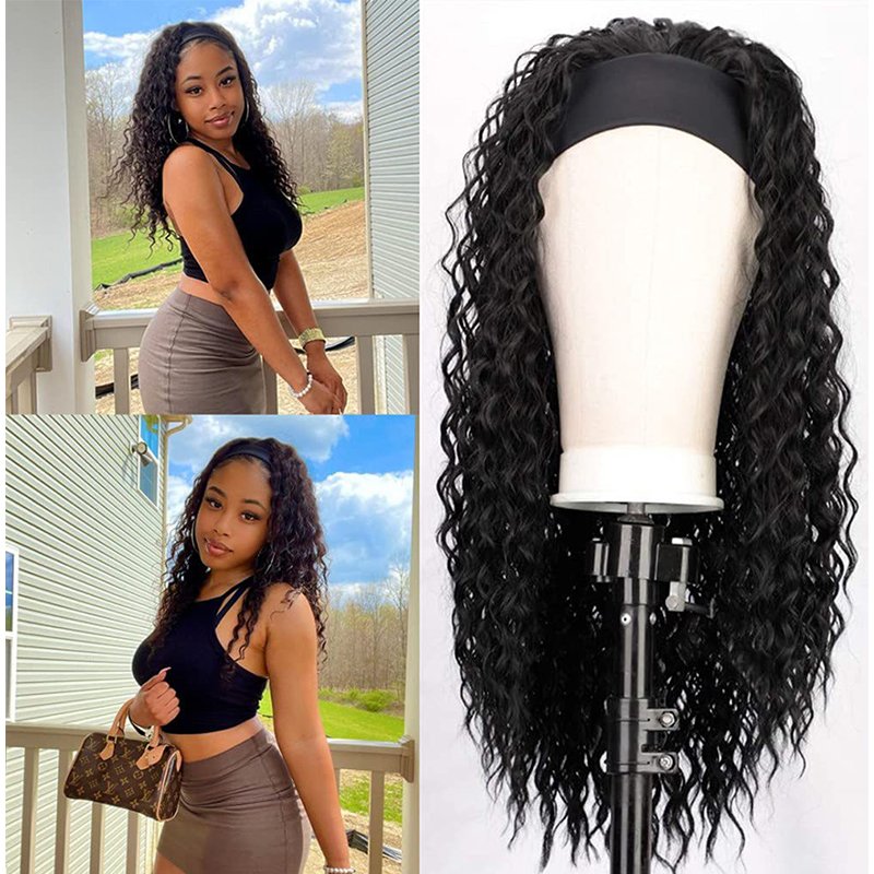 Human Hair Wig with Long Curly Deep Waves Ice Silk Headband Small to Large Cap Sizes-Remy Hair for Black Woman
