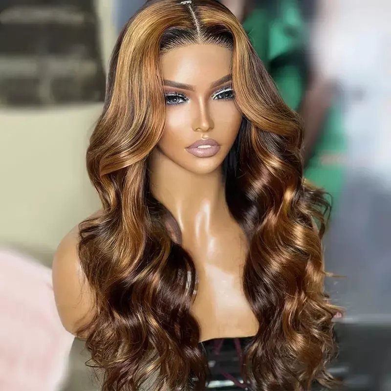 Transparent 4X4 Lace Closure Wigs Human Hair Pre-Plucked Brazilian Virgin Hair Highlight #4/27 Loose Wave Wigs for Women 10-32"