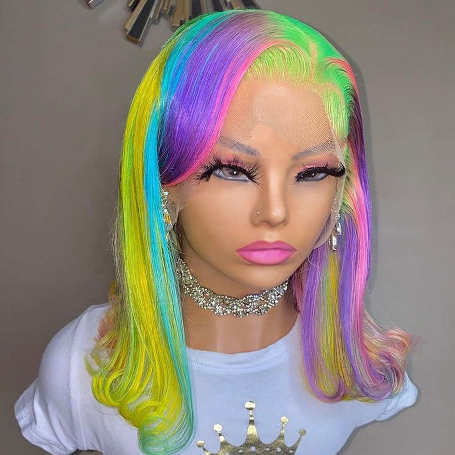 Rainbow red pink purple green blue yellow orange grey colored wigs human hair lace front already made human hair wigs