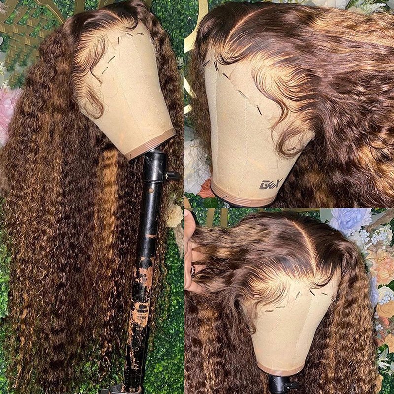 wholesale blond highlight piano 4/27 human hair wig,deep wave highlights ombre dark brown lace front wig