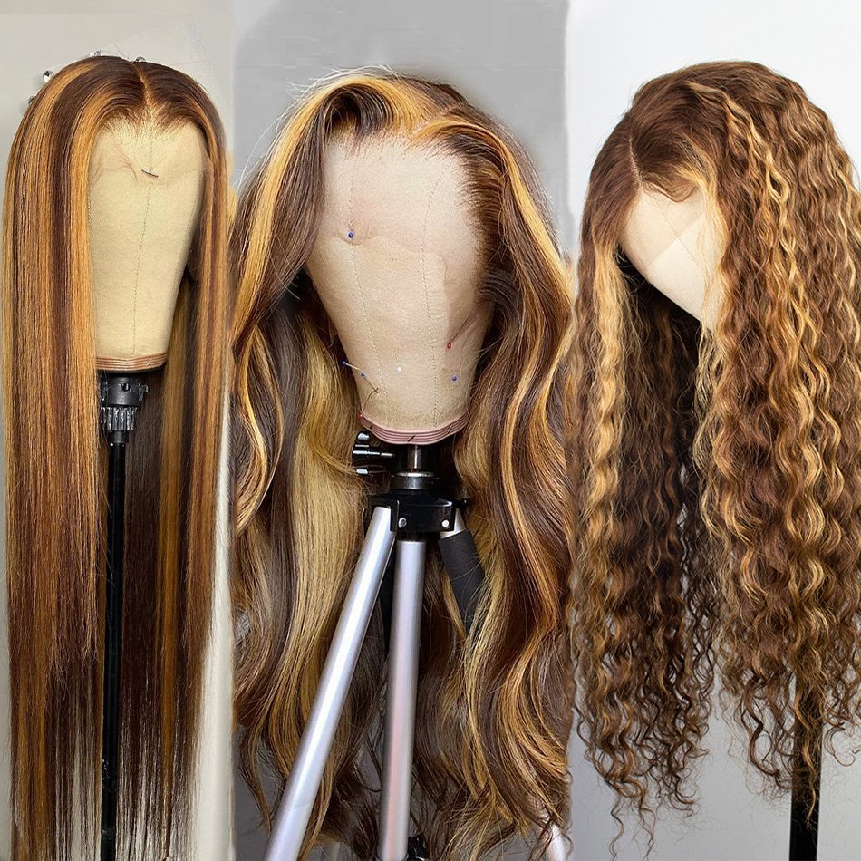 wholesale blond highlight piano 4/27 human hair wig,deep wave highlights ombre dark brown lace front wig